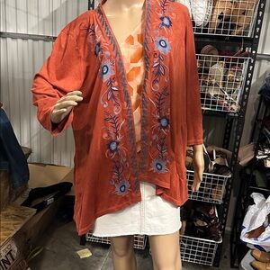 Multiples women’s Rust Cardigan with Blue Floral Embroidery size XL